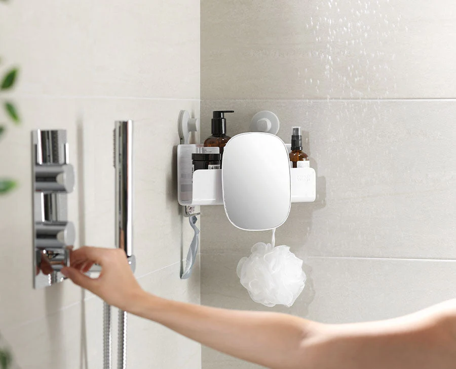 EasyStore™ White Corner Shower Shelf with Removable Mirror - Image 2